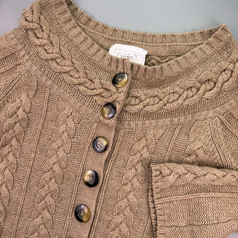 Old Navy Women's Chunky Cable Knit Sweater Size L Tan Cardigan‎ Big Button Front